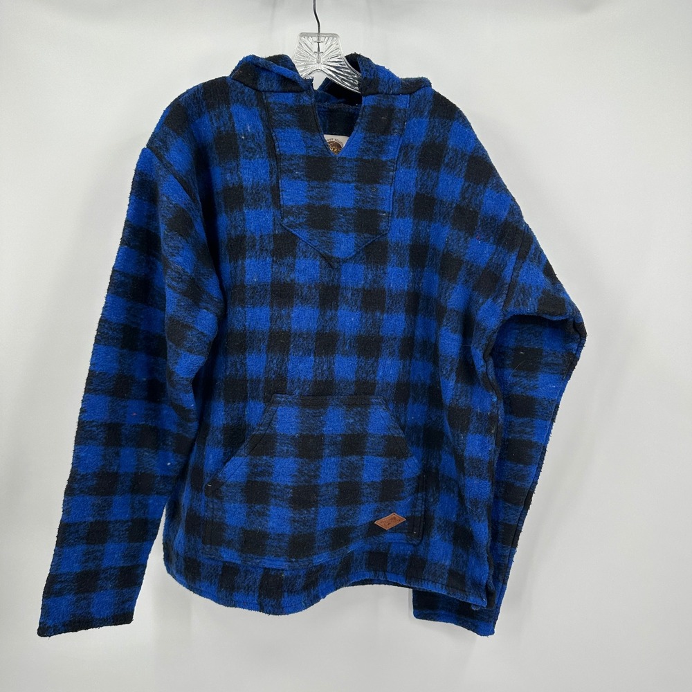 Earth Ragz Mens Blue‎ Black Buffalo Plaid Hooded Baja Pullover Size S Thick